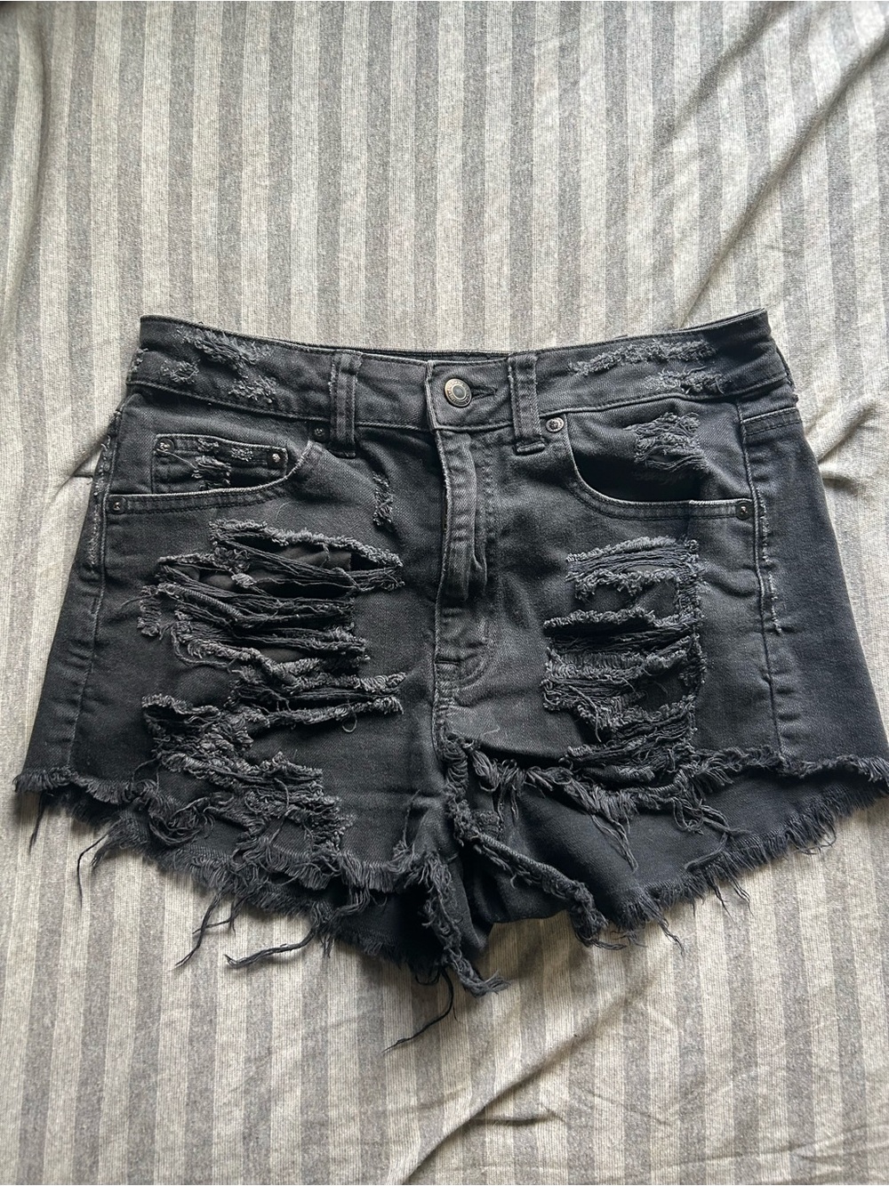 American Eagle Outfitters Black Distressed High-Rise Denim Shorts